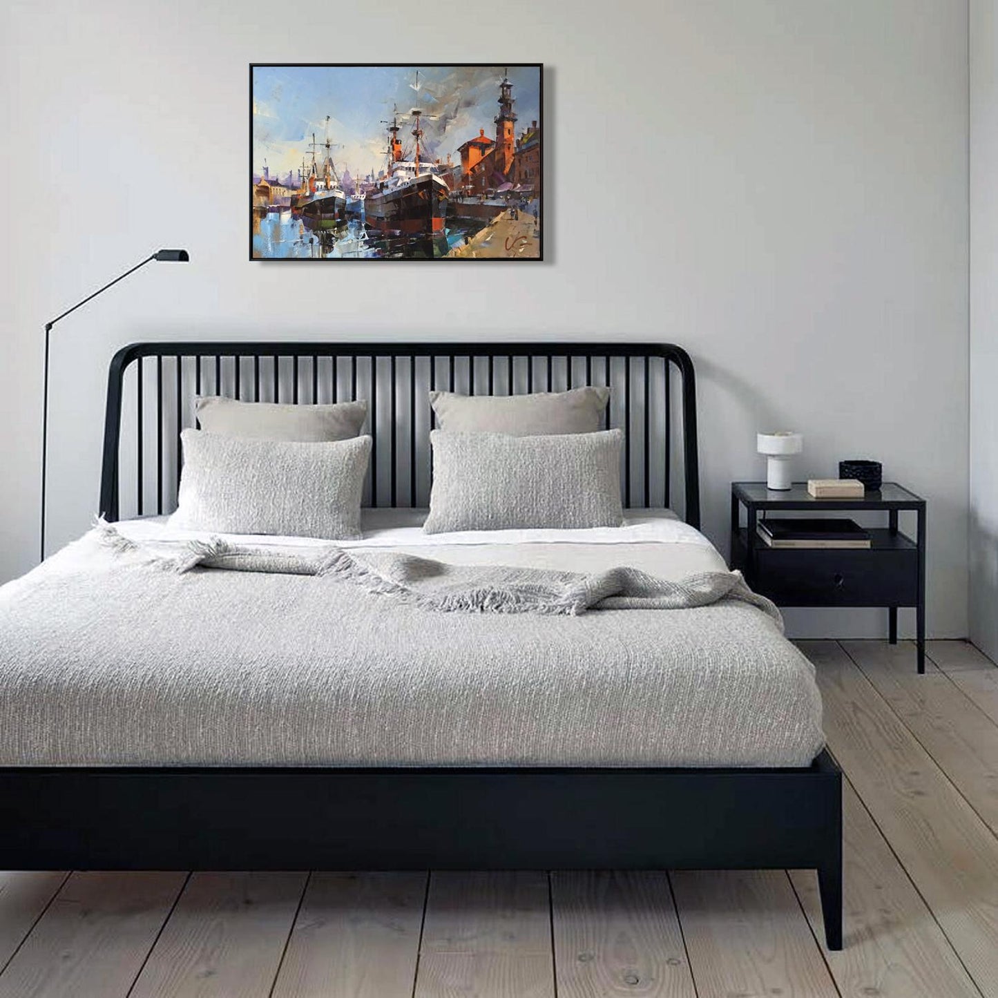 Black metal bed frame with vertical slats in Oil painting Morning bustle by Volodymyr Gluhomanyuk