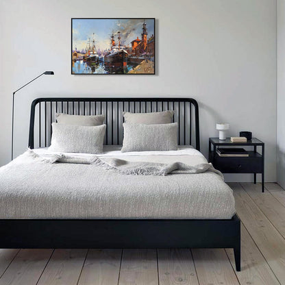 Black metal bed frame with vertical slats in Oil painting Morning bustle by Volodymyr Gluhomanyuk