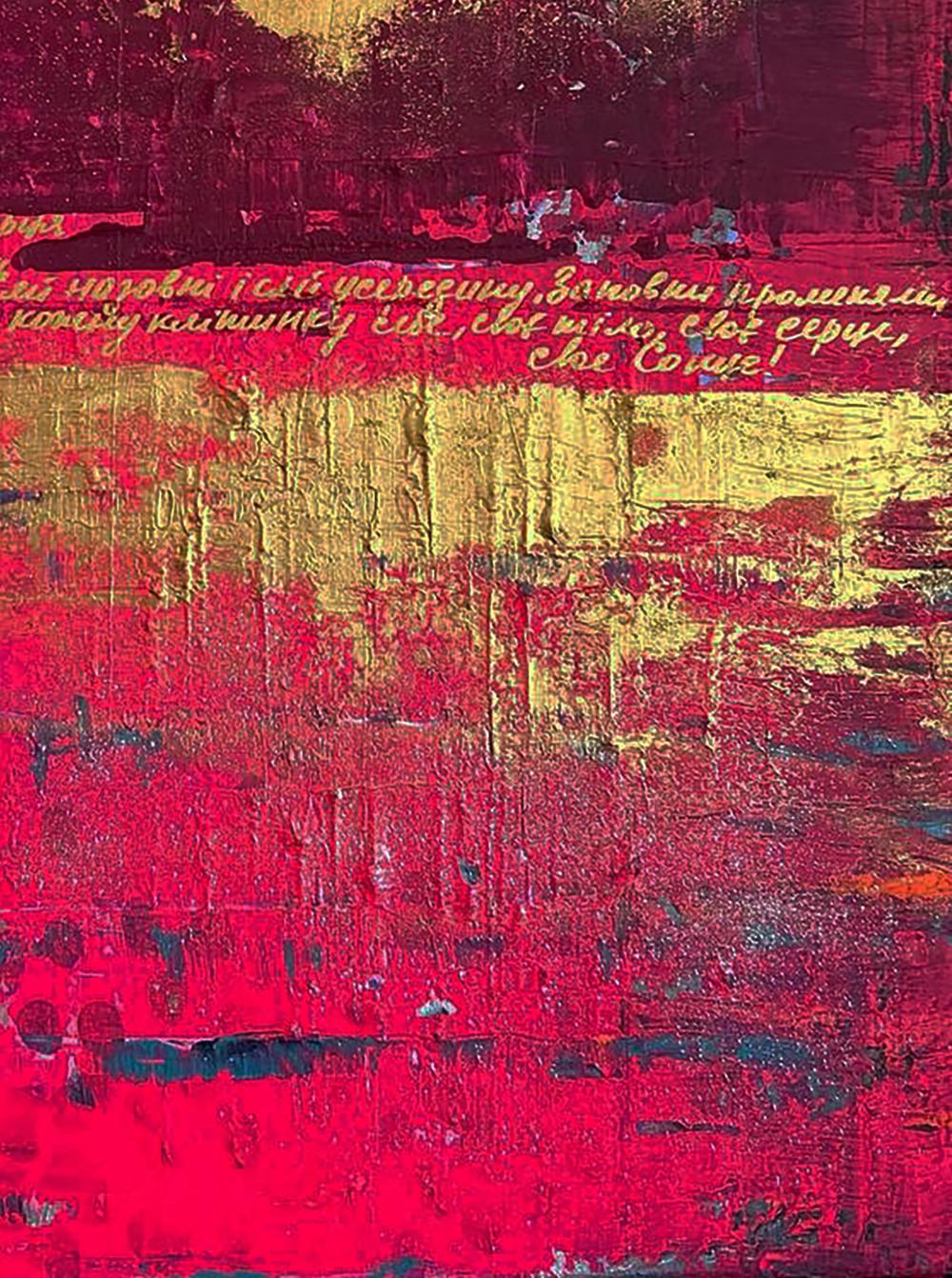 Vibrant acrylic painting You shine like the sun by Olga Melezhik, red gold textures