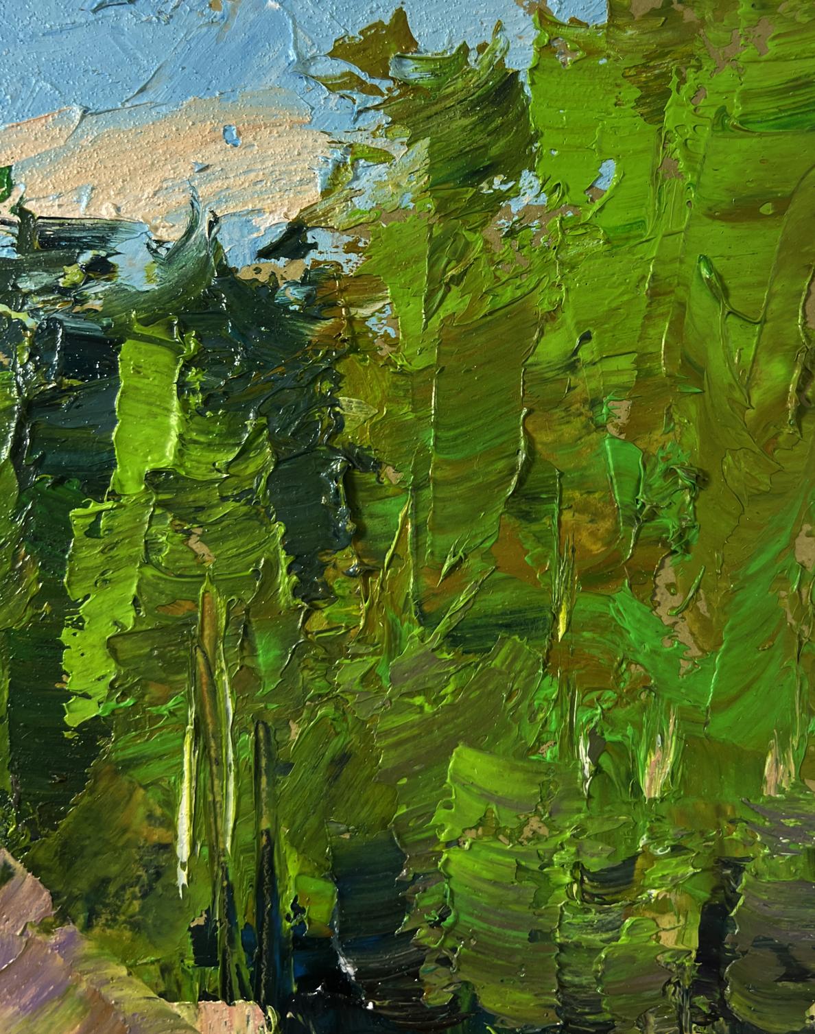 Oil painting Spring lake in the forest by Boris Serdyuk, textured green blue impasto