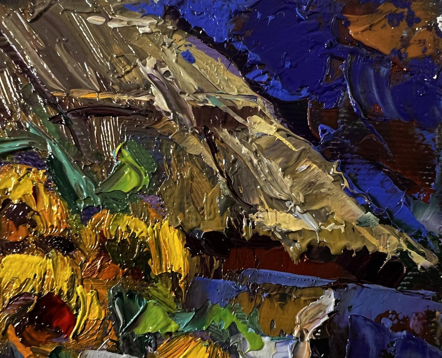 Oil painting Evening Sunflowers by Oksana Ivanyuk with vibrant impasto strokes