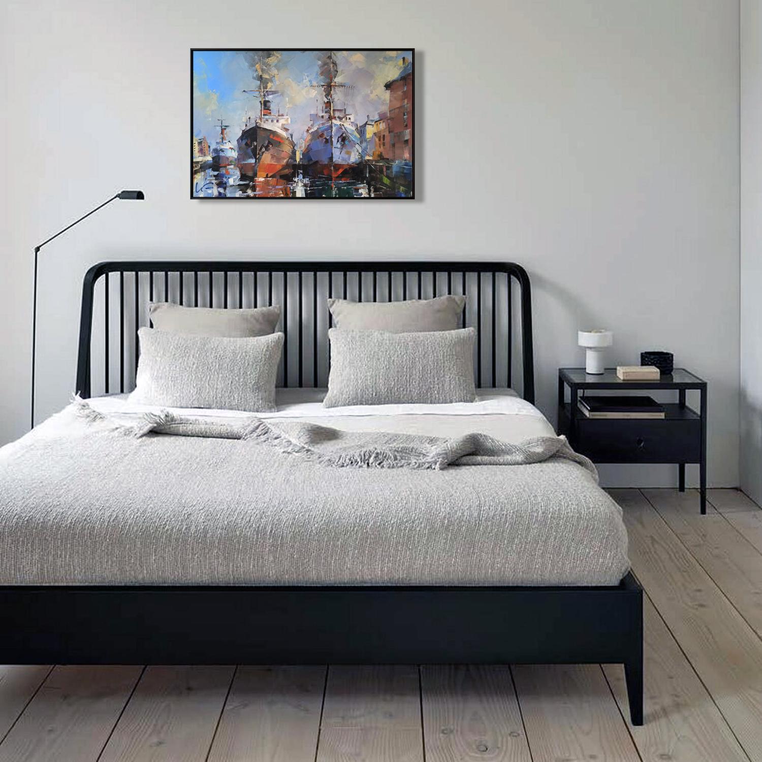 Black metal bed frame with vertical slats by Volodymyr Gluhomanyuk