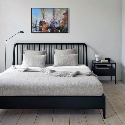 Black metal bed frame with vertical slats by Volodymyr Gluhomanyuk