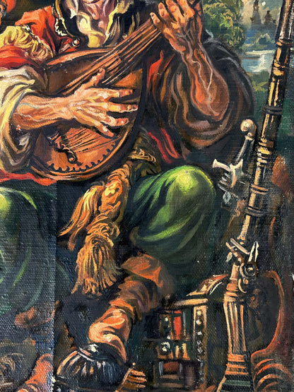 Oil painting of musician in red gold and hunter dog by Alexander Litvinov