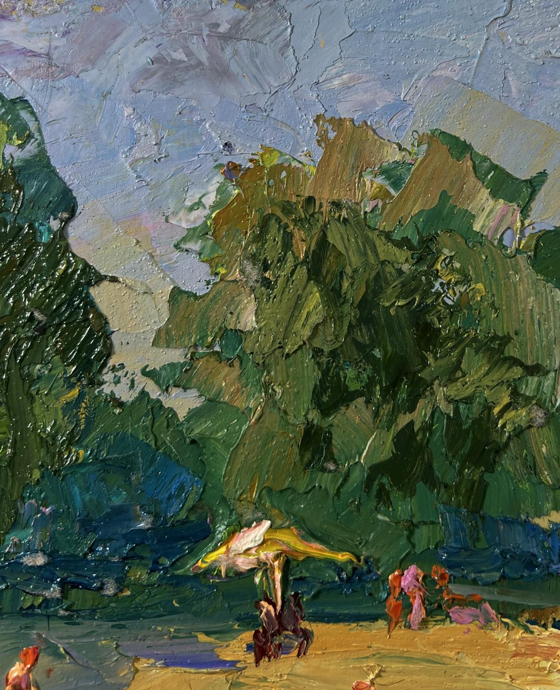 Impressionistic oil painting by Boris Serdyuk of people relaxing on river beach