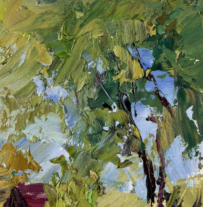 Textured impressionist oil painting of willows over water by Boris Serdyuk