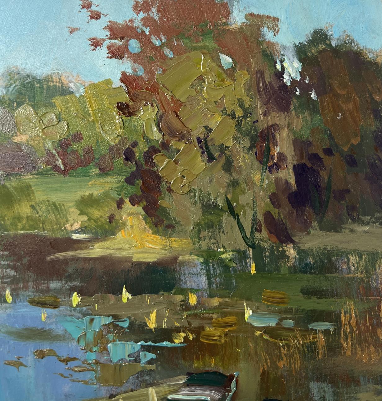 Impasto oil painting of tranquil pond with lily pads by Yuriy Suprunchuk
