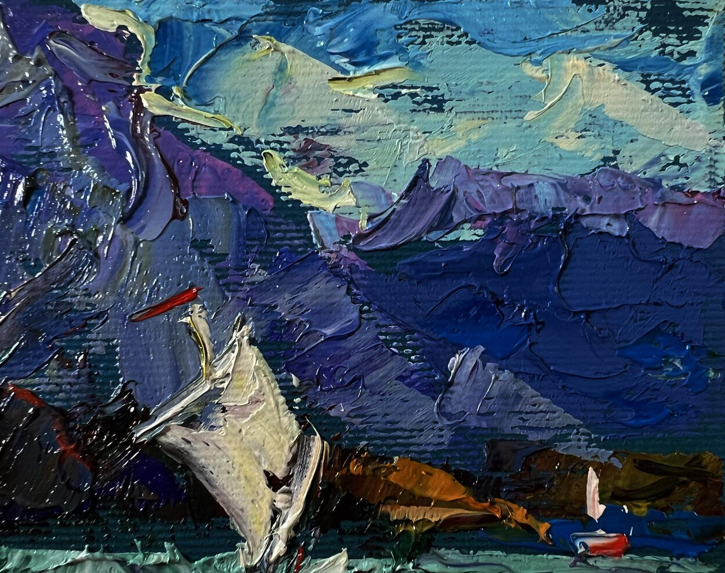 Oil painting Boats on the shore by Oleksiy Ivanyuk in blue purple tones
