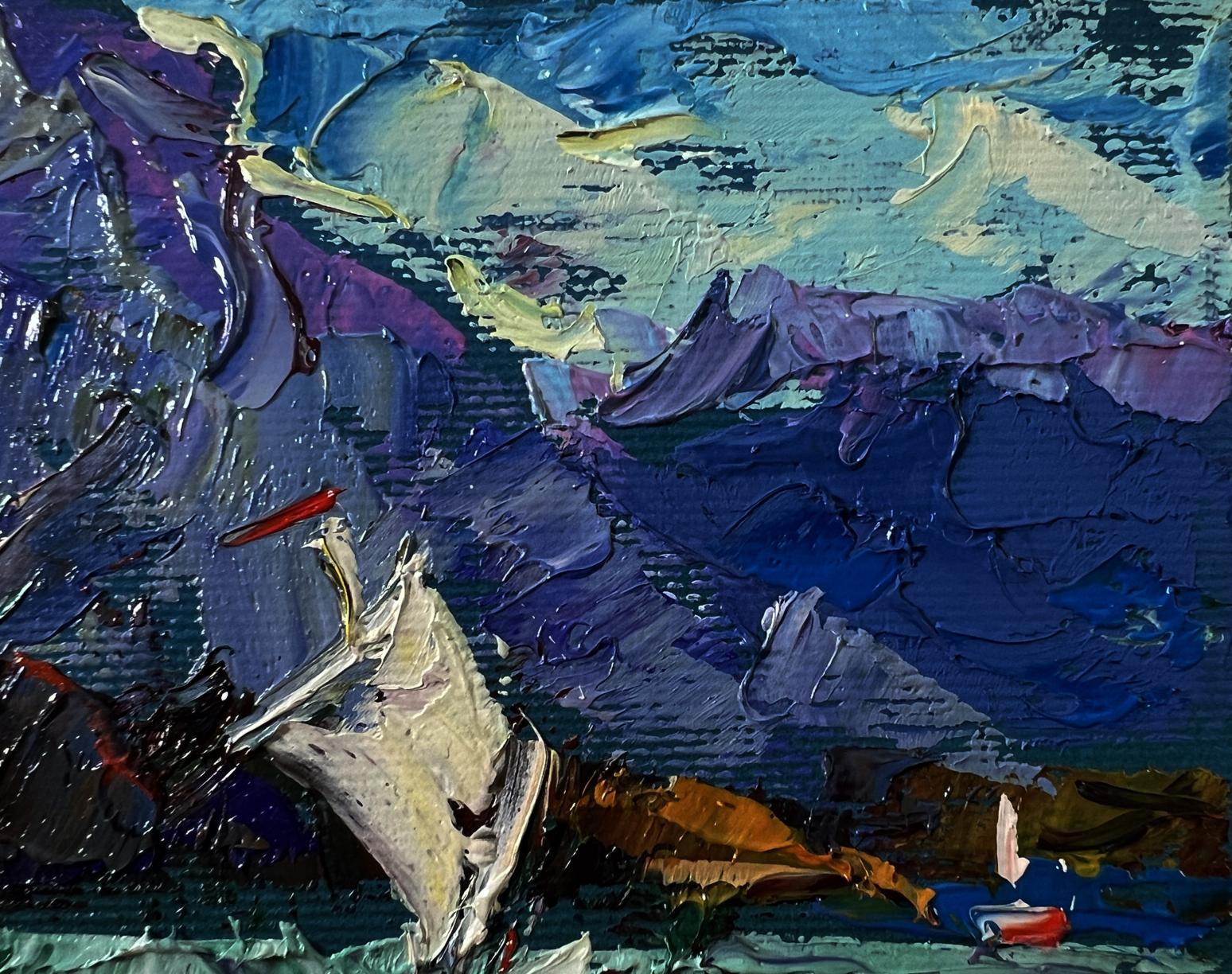 Oil painting Boats on the shore by Oleksiy Ivanyuk in blue purple tones