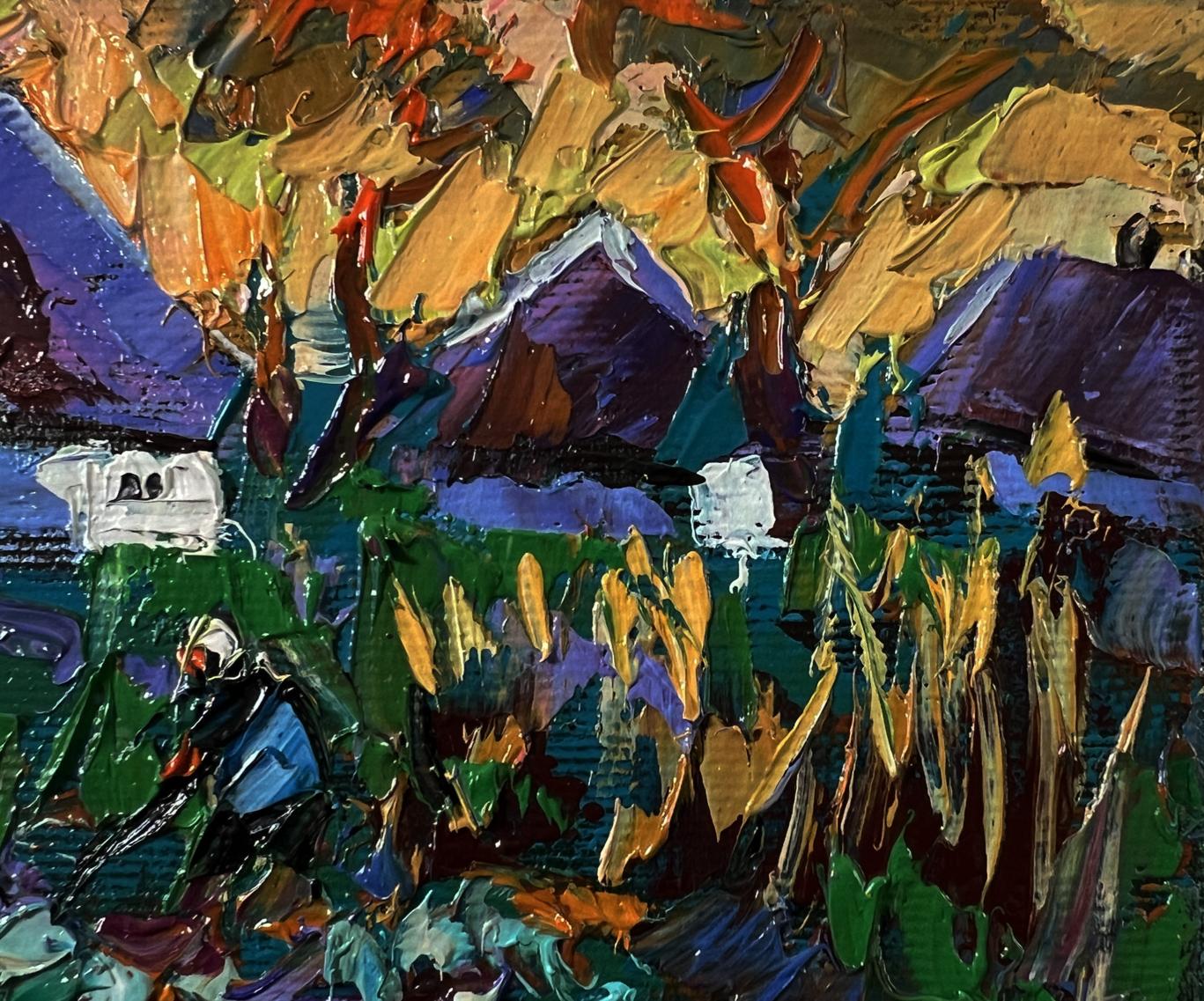 Vibrant Oleksiy Ivanyuk oil painting of country garden with purple roofs