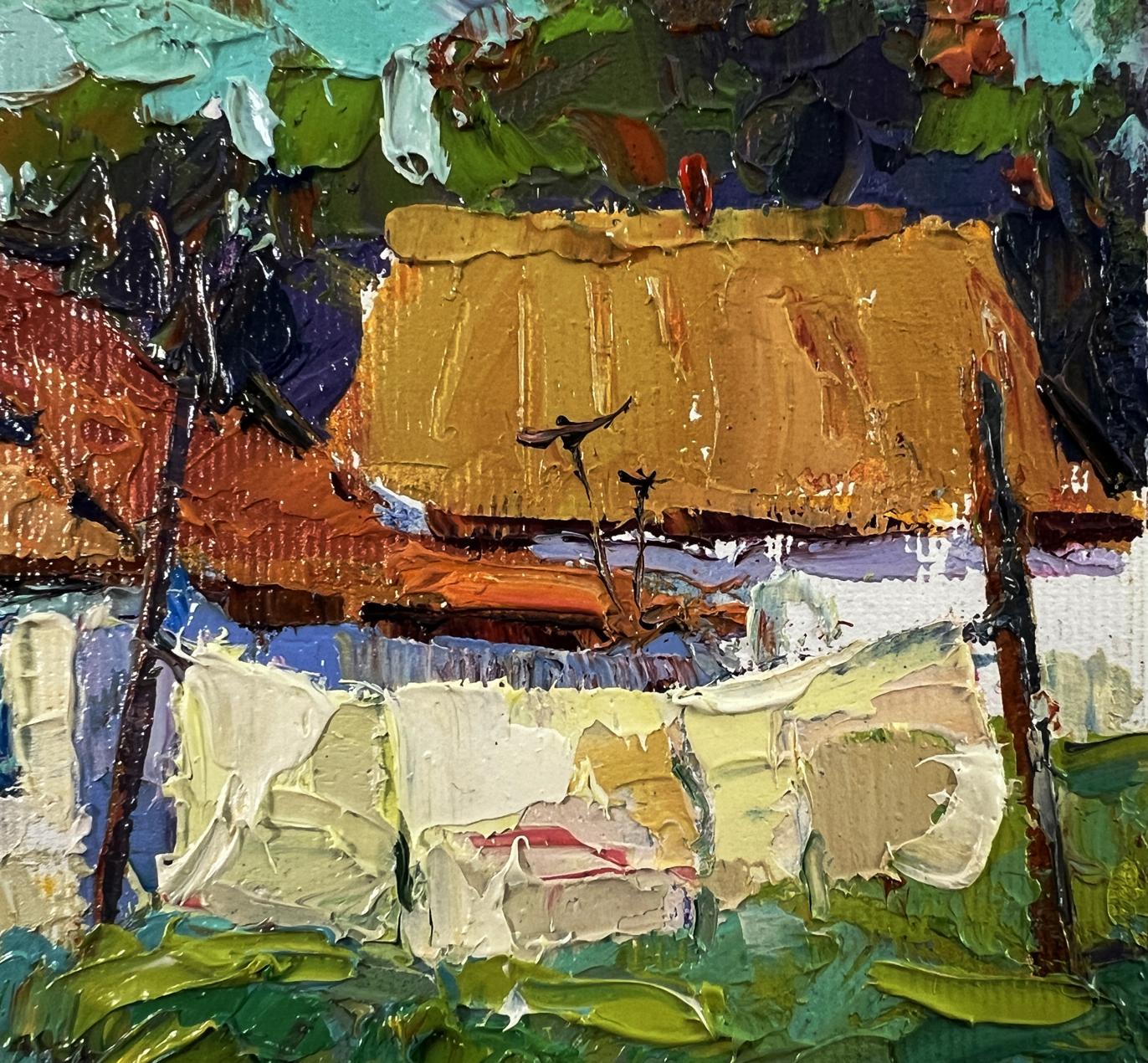 Textured impressionistic oil painting of Oksana Ivanyuks village courtyard cottage
