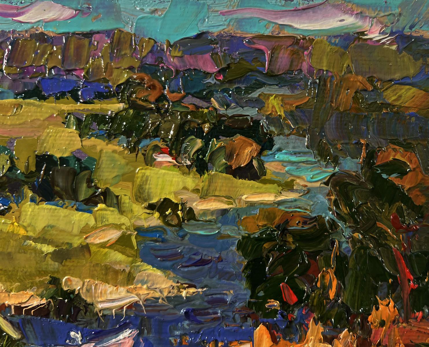 Vibrant impressionist oil painting of winding village river by Oksana Ivanyuk