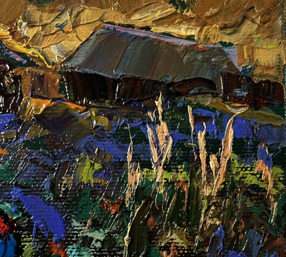 Textured impressionistic oil painting of village evening garden by Oleksiy Ivanyuk
