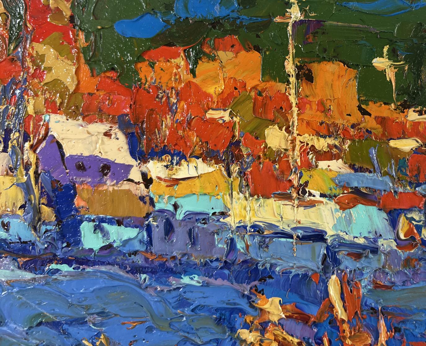 Vibrant impressionist oil painting by Oleksiy Ivanyuk of sunset over coastal village