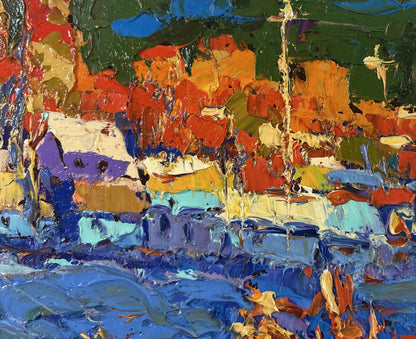 Vibrant impressionist oil painting by Oleksiy Ivanyuk of sunset over coastal village