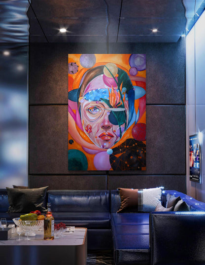 Vibrant Microcosm oil painting by Victoria Kagalovska, abstract face portrait