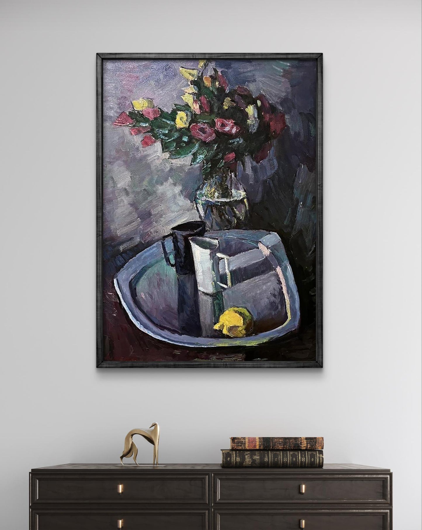 Oil painting by Oleksandr Andreev: still life with vibrant roses and lemon