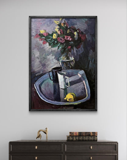 Oil painting by Oleksandr Andreev: still life with vibrant roses and lemon