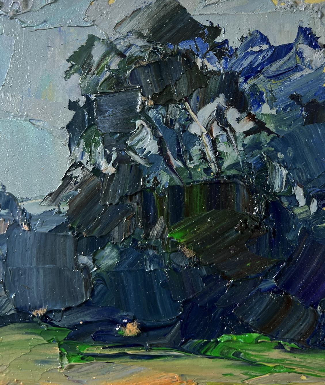 Textured oil painting of field with cows by Boris Serdyuk, impasto mountains
