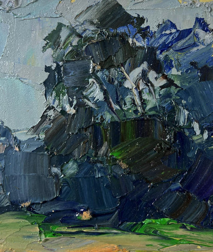 Textured oil painting of field with cows by Boris Serdyuk, impasto mountains