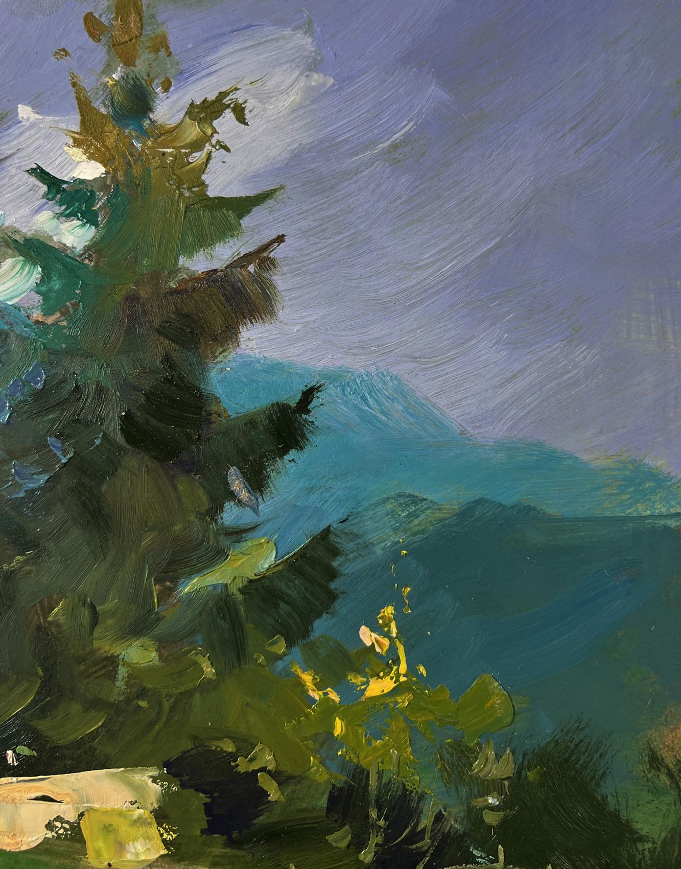 Oil painting of village in mountains with evergreen tree by Yuriy Suprunchuk