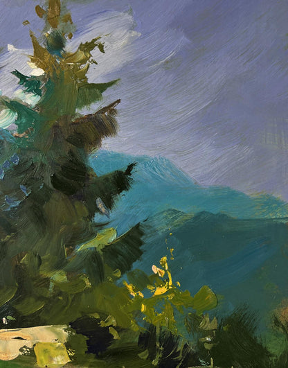 Oil painting of village in mountains with evergreen tree by Yuriy Suprunchuk