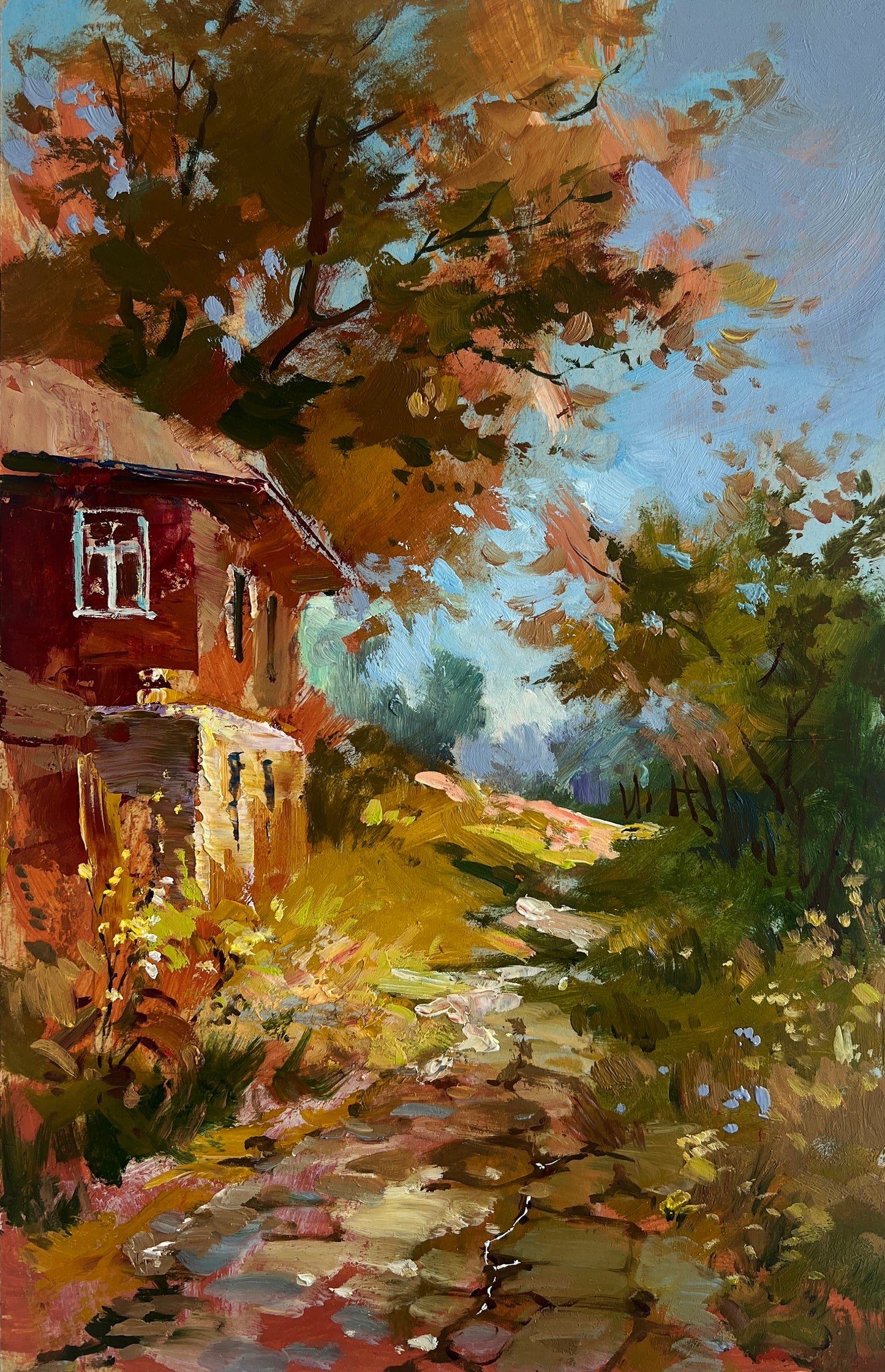 Rustic red wooden house under autumn trees by Yuriy Suprunchuk fine art