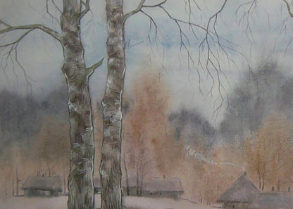 Two tall birch trees in misty autumn landscape by Valery Savenets