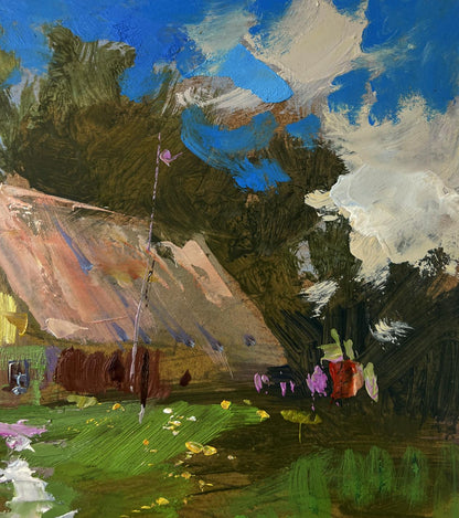 Oil painting Quiet conversations of girls by Yuriy Suprunchuk with rustic cottage