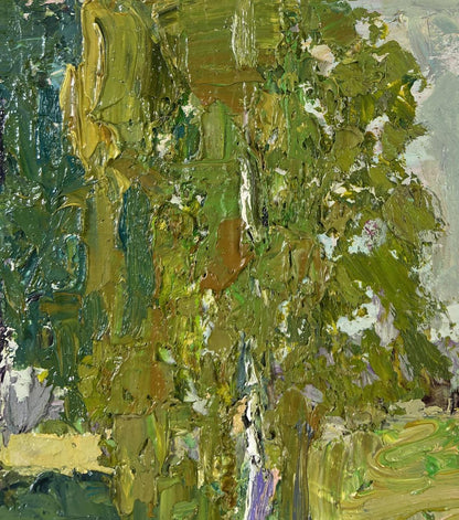 Oil painting In the sunlight by Boris Serdyuk, textured green yellow brown brushstrokes