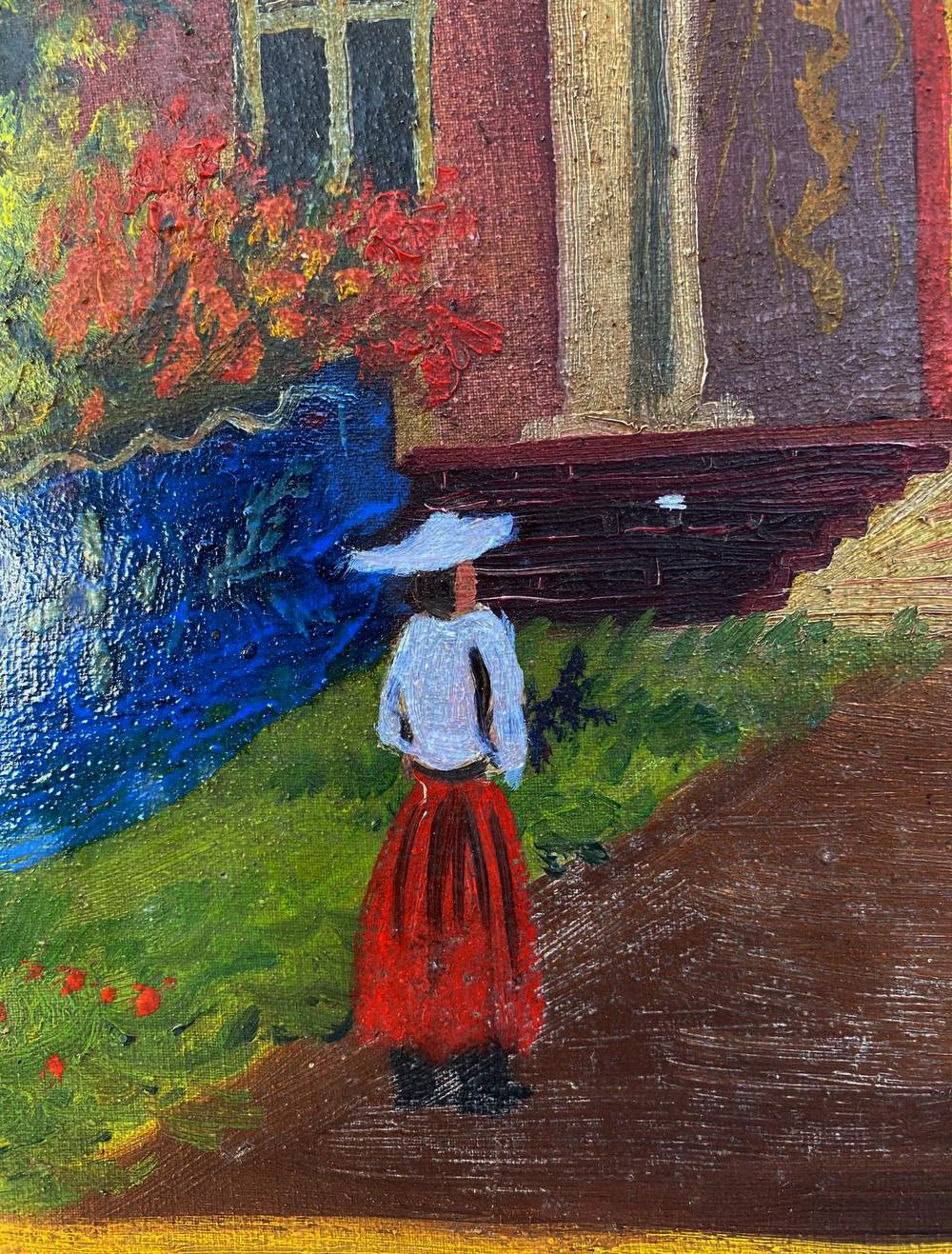Oil painting of lady in white hat, blue blouse, red skirt on path to church