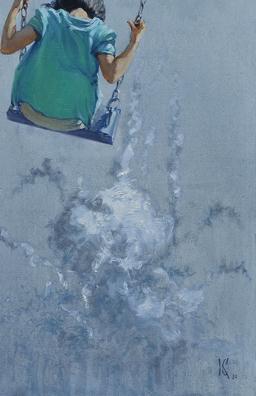 Oil painting of person aerial skating on blue swing by Oleg Kateryniuk