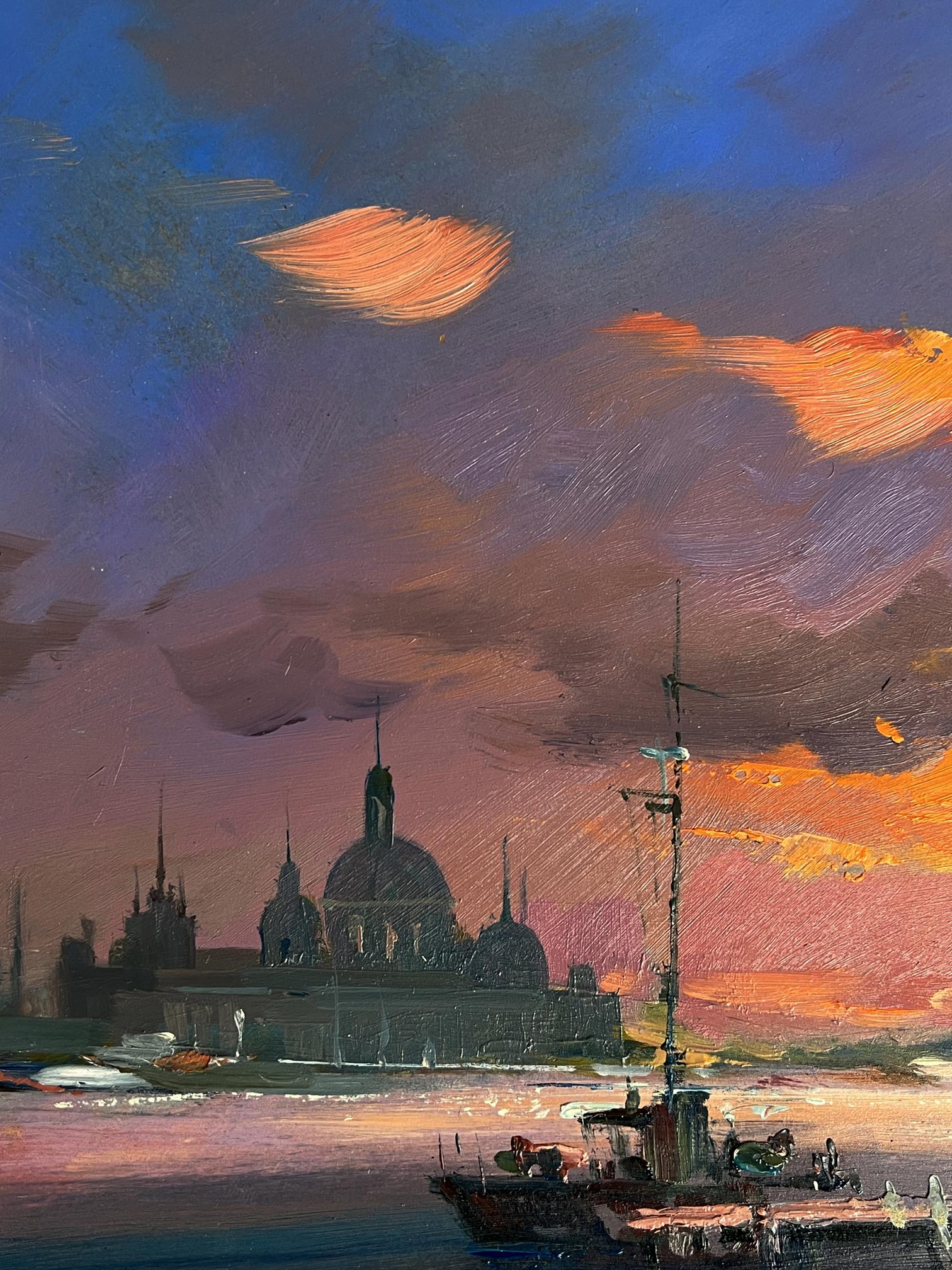 Oil painting of dark domed building silhouette at sunset by Yuriy Suprunchuk