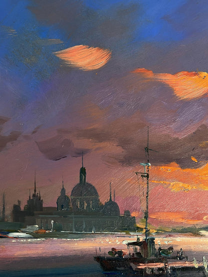 Oil painting of dark domed building silhouette at sunset by Yuriy Suprunchuk