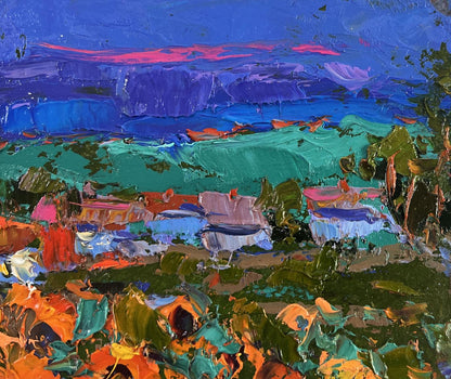 Vibrant impressionist oil painting of summer village life by Oksana Ivanyuk
