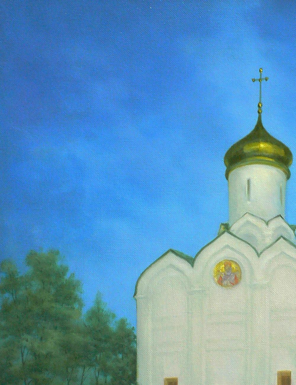Oil painting of Church of St. Nicholas by Vasily Korkishko with golden onion dome