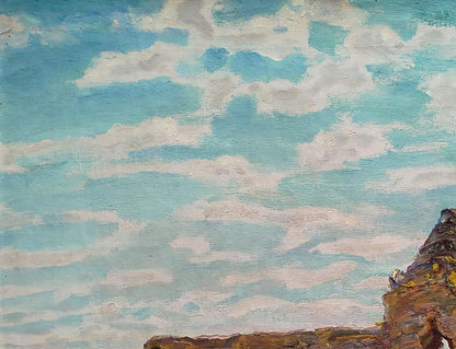 Oil painting of castle ruins by Leonid Pavlenko with cliff-framed sky