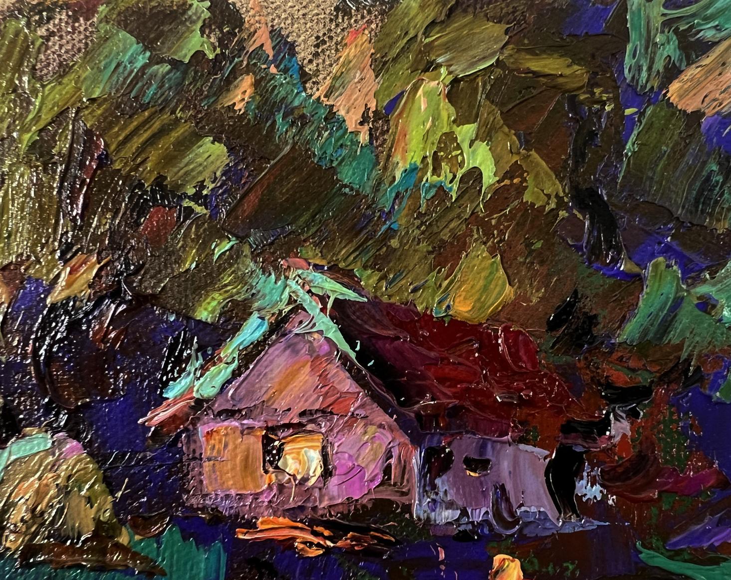 Moonlit country night oil painting by Oksana Ivanyuk: cozy house in lush foliage