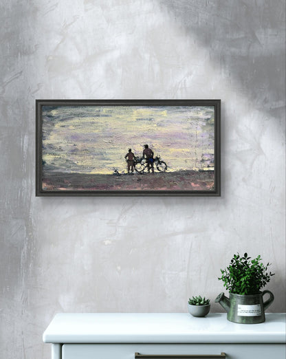 Oil painting Conversation by Volodymyr Pashchenko, silhouetted figures with bicycles