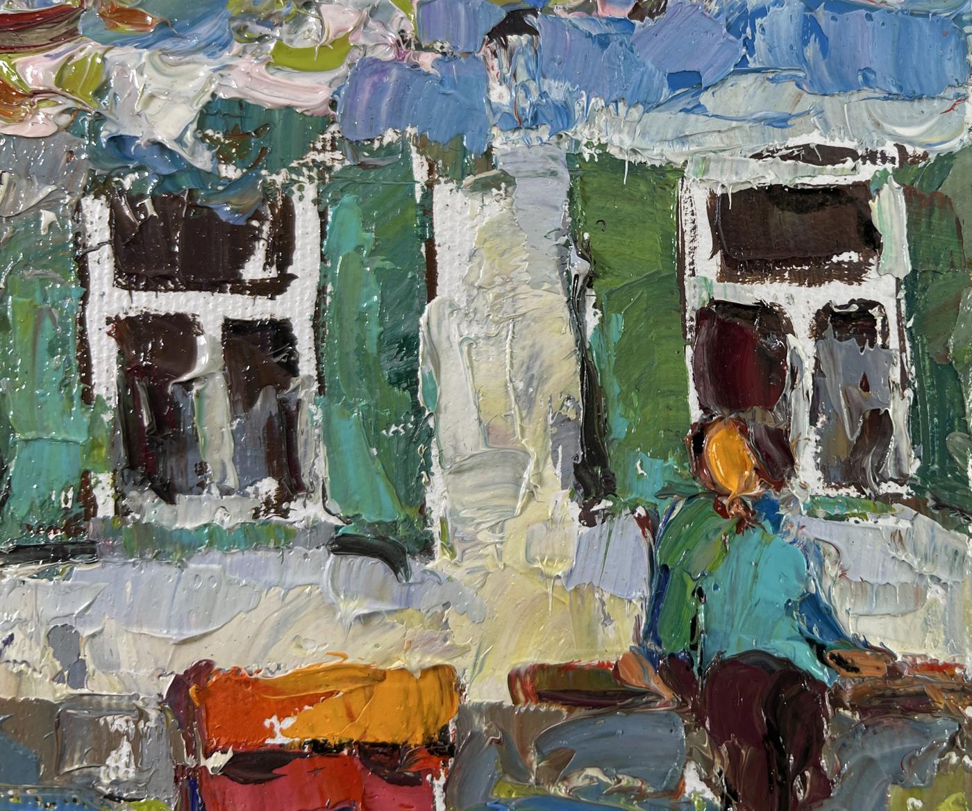 Vibrant impressionist oil painting of green white backyard house by Oksana Ivanyuk