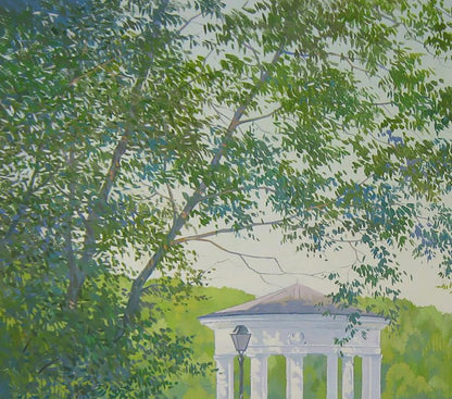 Oil painting Morning in the city park by Valery Savenets: white classical gazebo