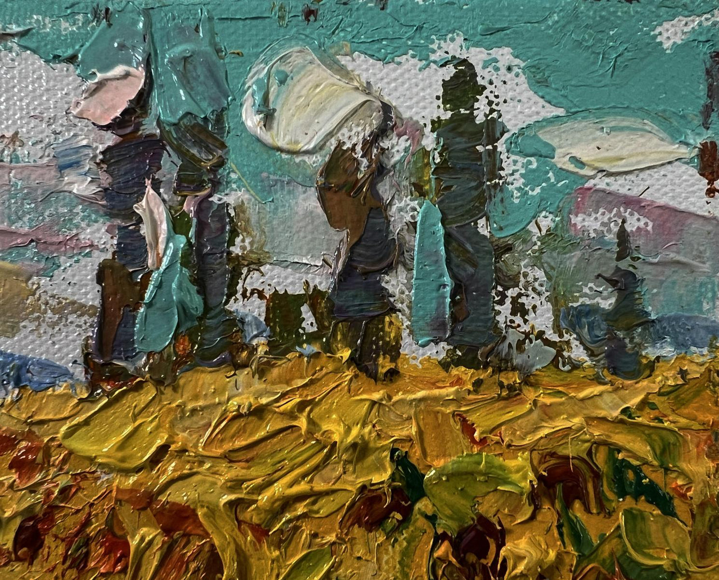 Oil painting of sunflowers field by Oleksiy Ivanyuk in teal and gold tones