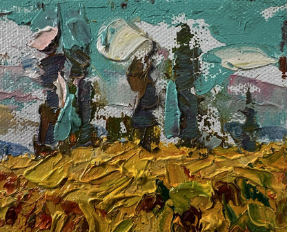 Oil painting of sunflowers field by Oleksiy Ivanyuk in teal and gold tones