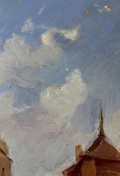 Oil painting of ancient castle tour by Yuriy Suprunchuk with blue sky and clouds