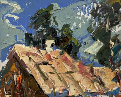 Impasto oil painting of Oleksiy Ivanyuk village courtyard roof