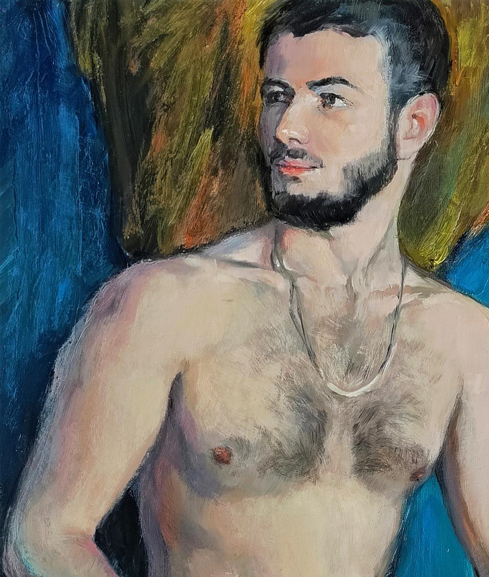 Oil painting of man wearing silver chain necklace, The feeling of male freedom by Oksana Osnach