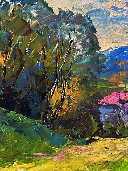 Vibrant impressionist oil painting The House with the Pink Roof by Boris Serdyuk