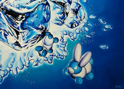 Oil painting of whimsical translucent blue white balloon rabbit in swirling water bubbles by Igor Konovalov