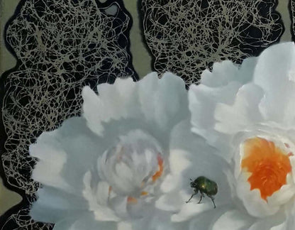 Oil painting by Vasily Korkishko: glossy green beetle on white peony