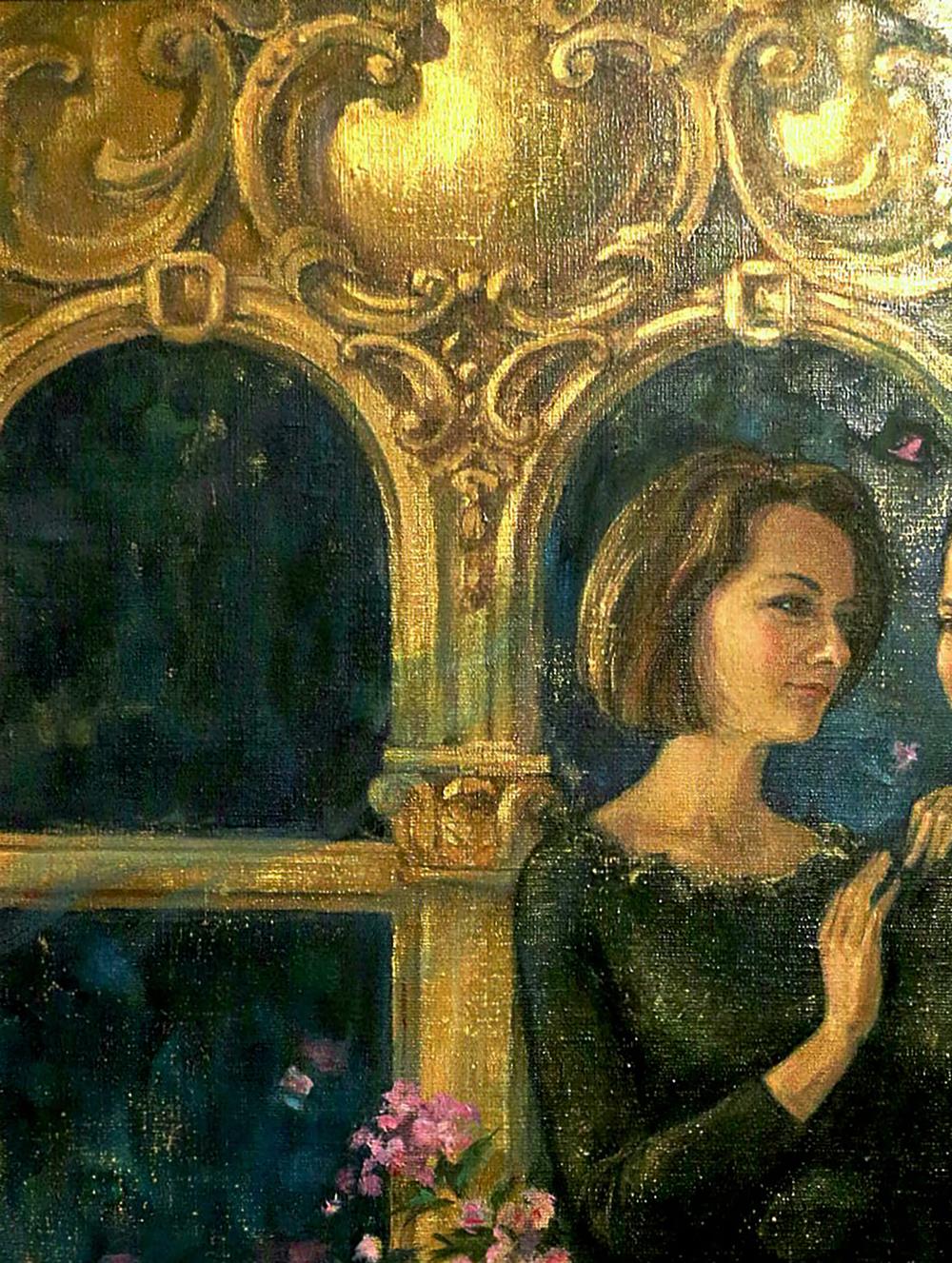 Oil painting of girl in greenhouse by Oksana Osnach in ornate golden frame